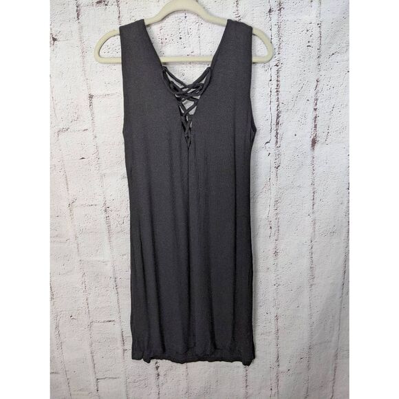 Bebe Ribbed Black Lace up Neck Stretchy Sleeveless Mini Dress Y2K Sz L Large Vin - Picture 2 of 8